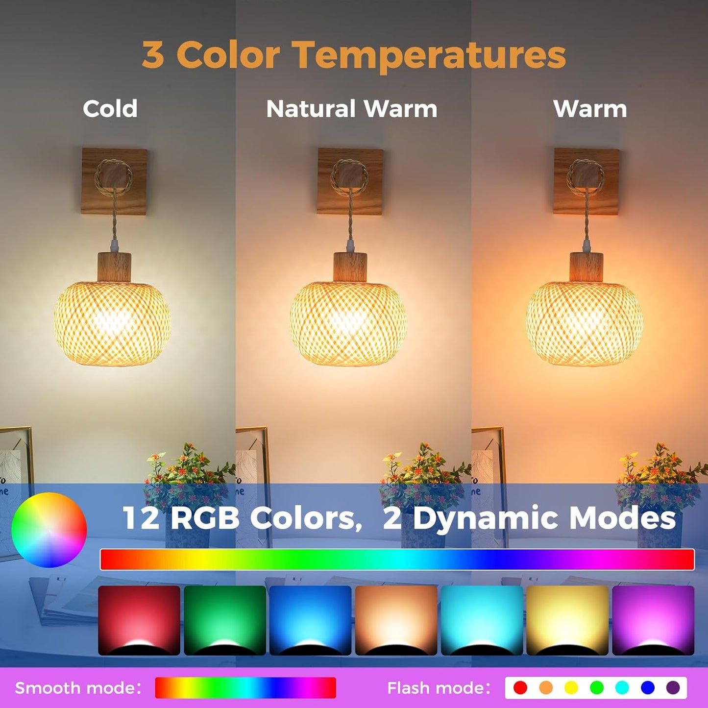 Battery Operated Wall Sconce with Remote Set of 2, Rechargeable Rattan Wall Sconces with 8000mAh Bulbs, Woven Bamboo Wall Light/Lamp Boho Wall Sconce for Bedroom (Black)
