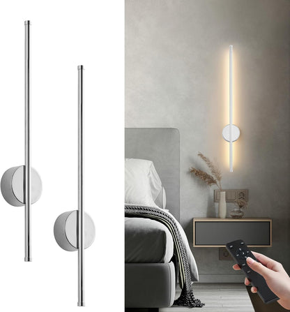 Battery Operated Modern Wall Sconces, Dimmable Wireless Wall Light Set of Two with Remote Control, 3 Color Temperatures, Rechargeable LED Wall Sconce for Bedroom, Living Room, Hallway, 23.6 Inch Brass