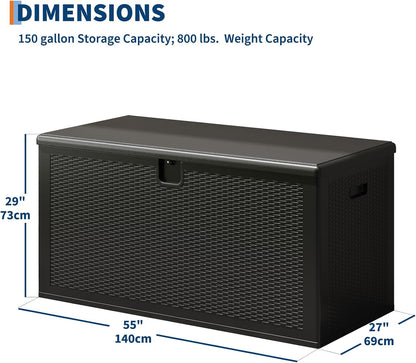 Large Resin Deck Box Waterproof, 150 gal, 800 LB Capacity Heavy Duty Outdoor Storage Box with Lockable Lid, Portable Outside Storage Container for Patio Garden Yard