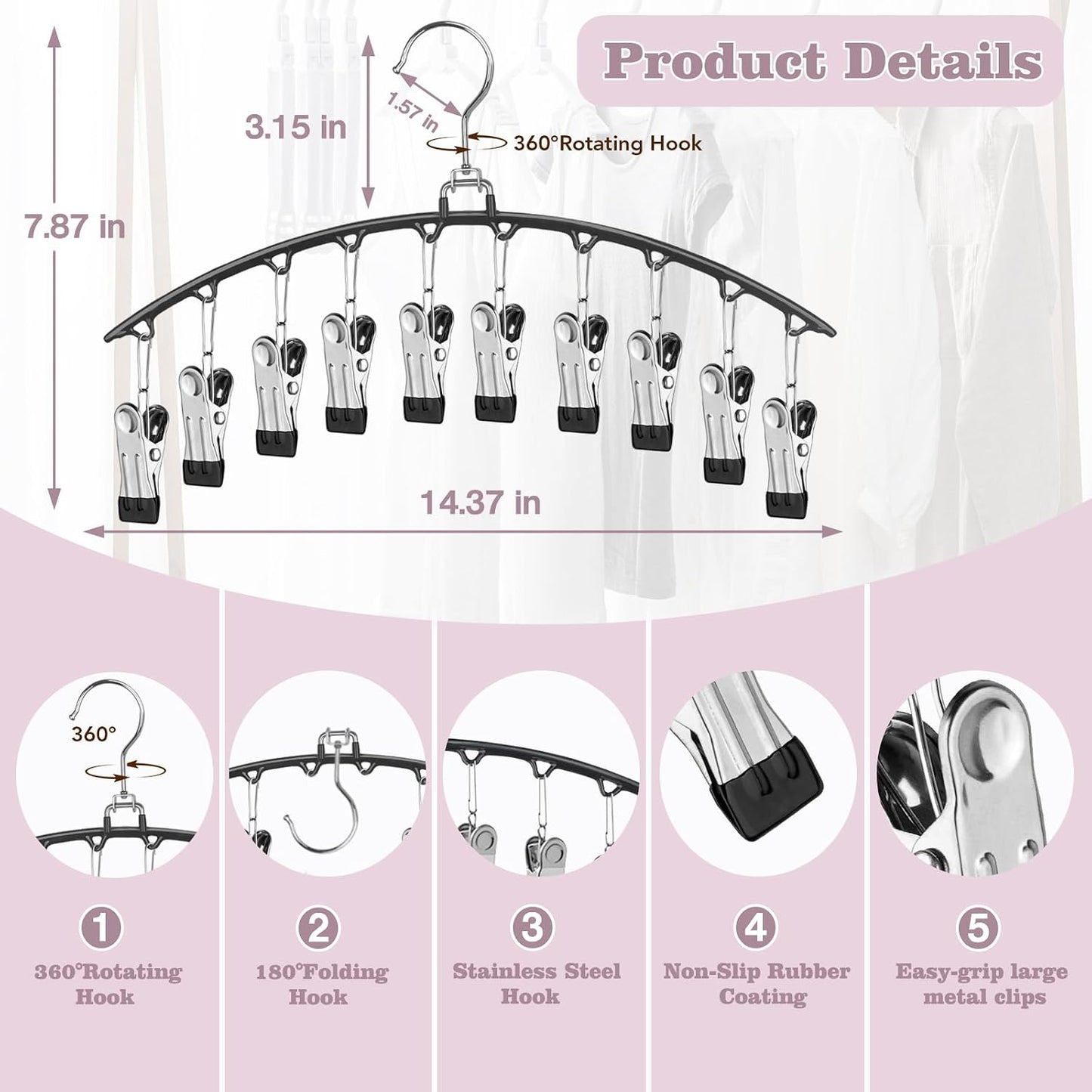 Legging Organizer for Closet 360° Swivel, Metal Yoga Pants Hanger 2 Pack w/10 Clips Holds 20 Leggings, Space Saving Hanger Closet Organizers and Storage, Pants Hangers for Pants, Skirts, Hats (Black)