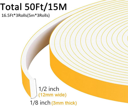 Strong Adhesive Weather Stripping, High Density Weatherproof Weather Stripping Door Seal Strip for Sliding Door, Windows,Noise-Reduction Foam Sealing Strip, White(1/2 in x 1/4 in x 13Ft) - Colors B