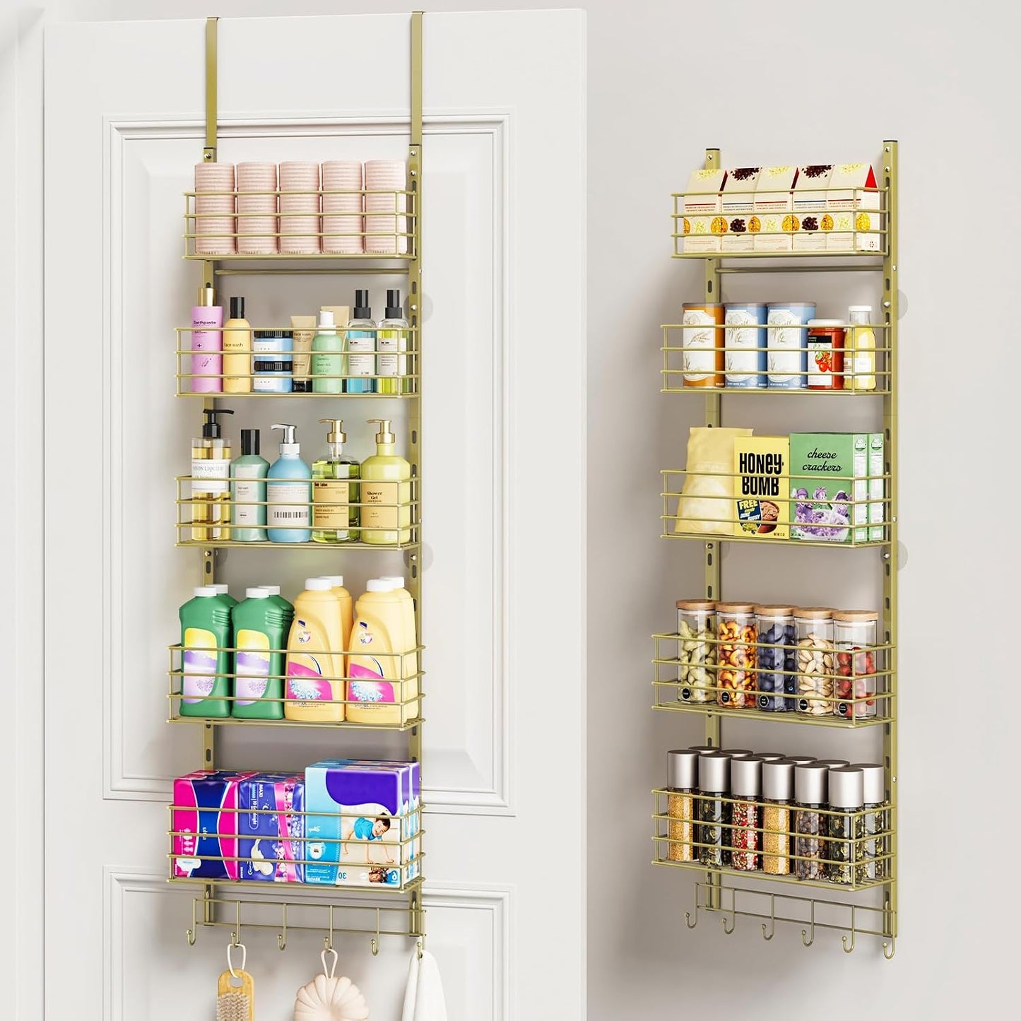 SWTYMIKI Over The Door Organizer - Door Organizer Hanging with 5 Adjustable Metal Large Capacity Basket and 6 Coat Hook, Wall Mounted Shelf for Bedroom Closet Bathroom Laundry Pantry Cabinet Kitchen
