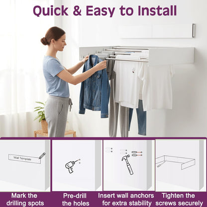 ECHOKRAFTS Wall Mounted Clothes Drying Rack, Foldable Wall Mount Laundry Rack Folding Indoor, Drying Rack Clothing Collapsible, Hidden Space Saver Cloths Drying Rack, Wall Drying Rack
