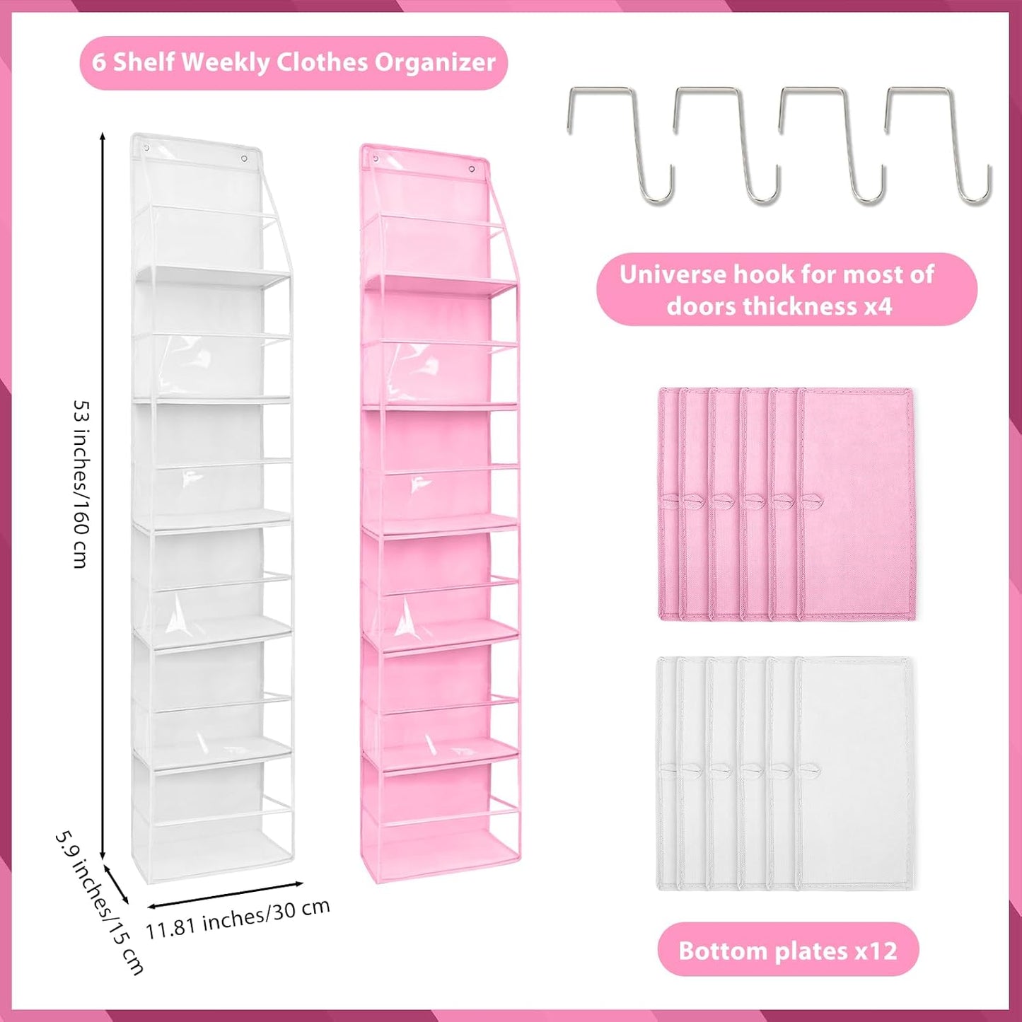 2 Pack Weekly Clothes Organizer for Kids, 6 Shelf Hanging Closet Organizer with Clear Window, Foldable Days of the Week Over the Door Outfit Organizer with Labels for Closet School