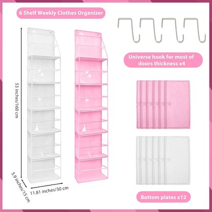 2 Pack Weekly Clothes Organizer for Kids, 6 Shelf Hanging Closet Organizer with Clear Window, Foldable Days of the Week Over the Door Outfit Organizer with Labels for Closet School