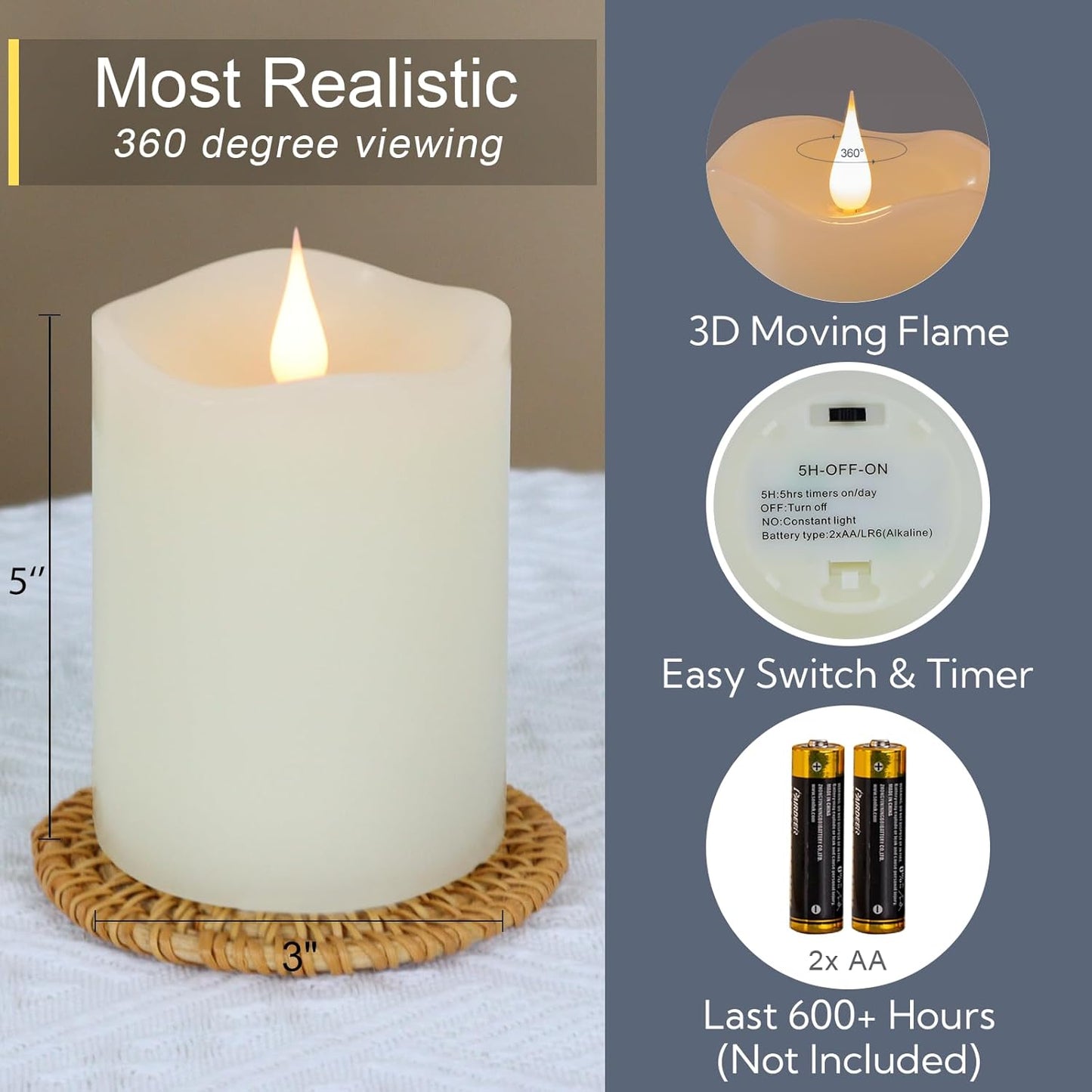 TECHLONG Flameless Candles Battery Operated with Remote Timer, 3D Moving Flame Flickering, Last 600+ Hours Battery Candles, 3" x 3" Ivory Real Wax Electric LED Candle for Wedding Party, Set of 2