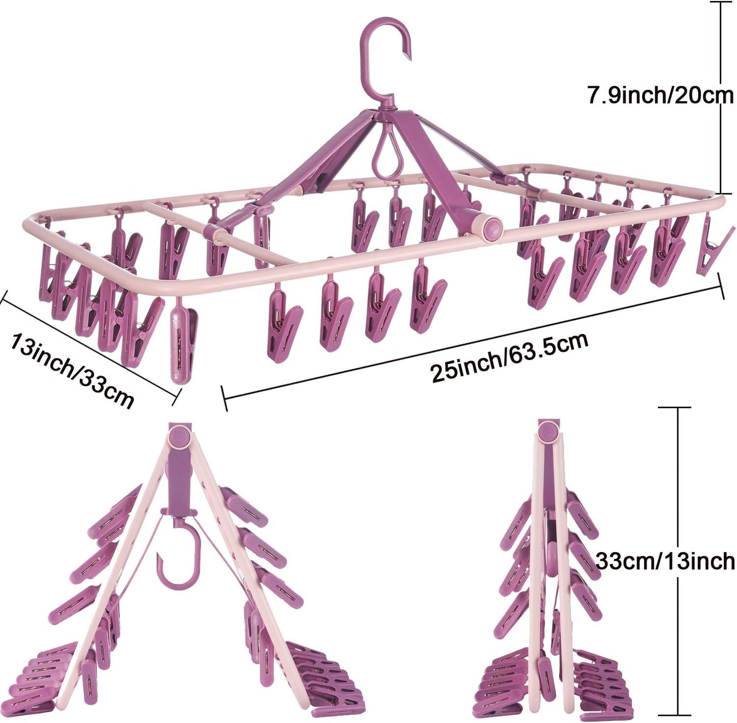 Foshine Foldable Clip Hangers Plastic Blue with 32Pcs Drying Clips | Drip Hanger Foldable Wind-Proof Hook For Underwear Socks Bras Lingerie Clothes