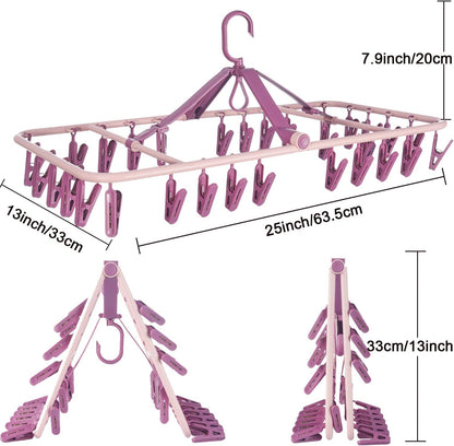 Foshine Foldable Clip Hangers Plastic Blue with 32Pcs Drying Clips | Drip Hanger Foldable Wind-Proof Hook For Underwear Socks Bras Lingerie Clothes