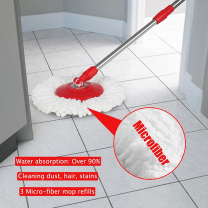 Spin Mop and Bucket with Wringer Set, 360° Spinning Mop Bucket System with 3 Microfiber Mop Replacement Heads and 61" Stainless Steel Adjustable Handle for Floor Cleaning