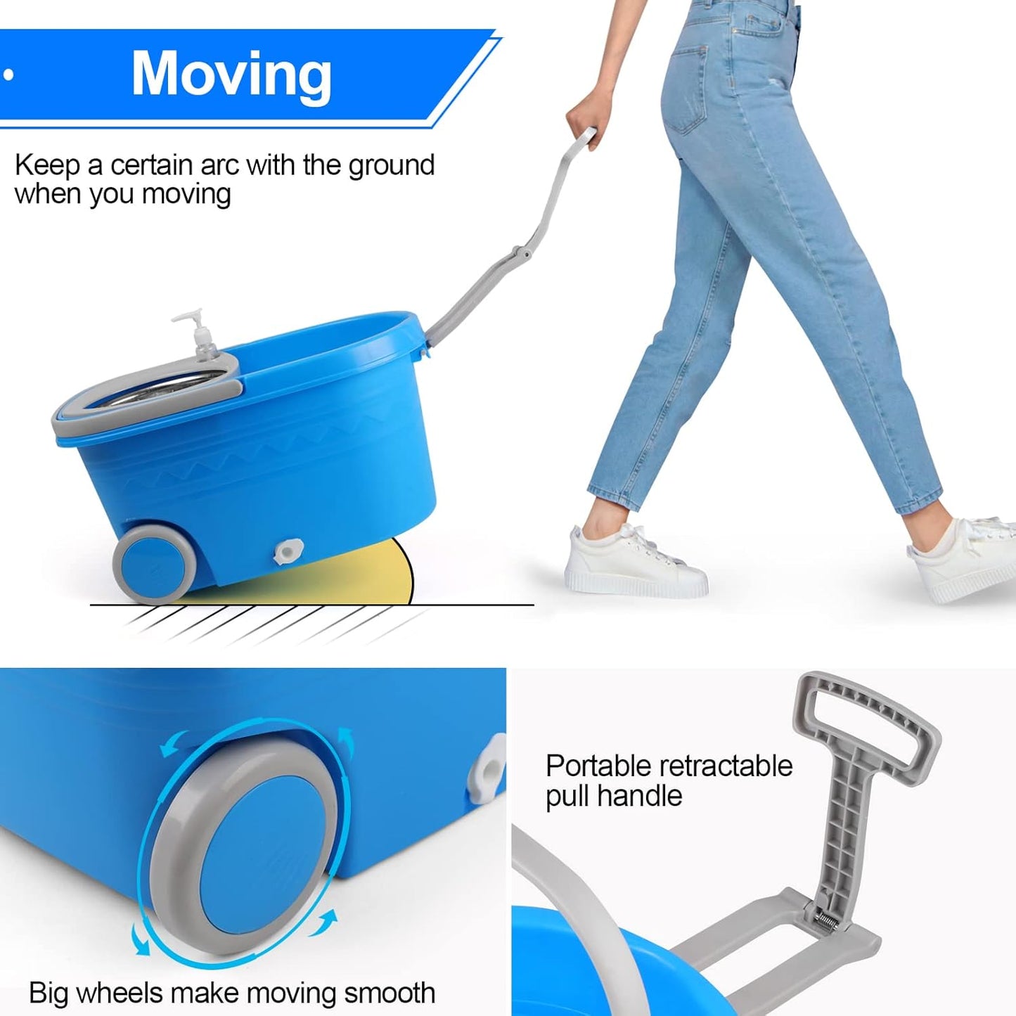 Spin Mop and Bucket with Wringer Set, 360° Spinning Mop Bucket System with 3 Microfiber Mop Replacement Heads and 61" Stainless Steel Adjustable Handle for Floor Cleaning