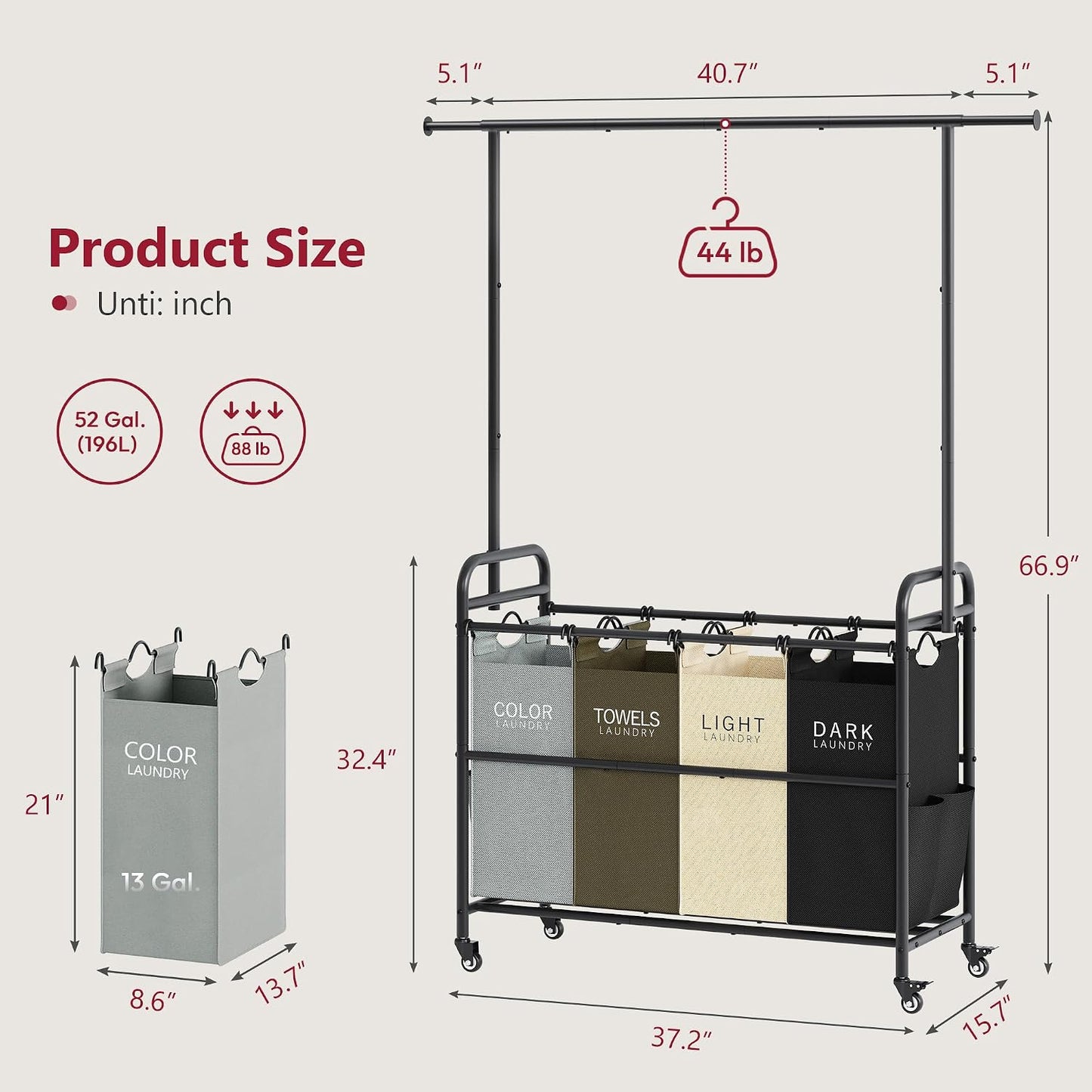 Tajsoon Laundry Hamper with Hanging Rack, 3 Section Laundry Sorter with Heavy Duty Lockable Wheels, Laundry Basket Organizer for Dirty Clothes Storage, 3 Beige