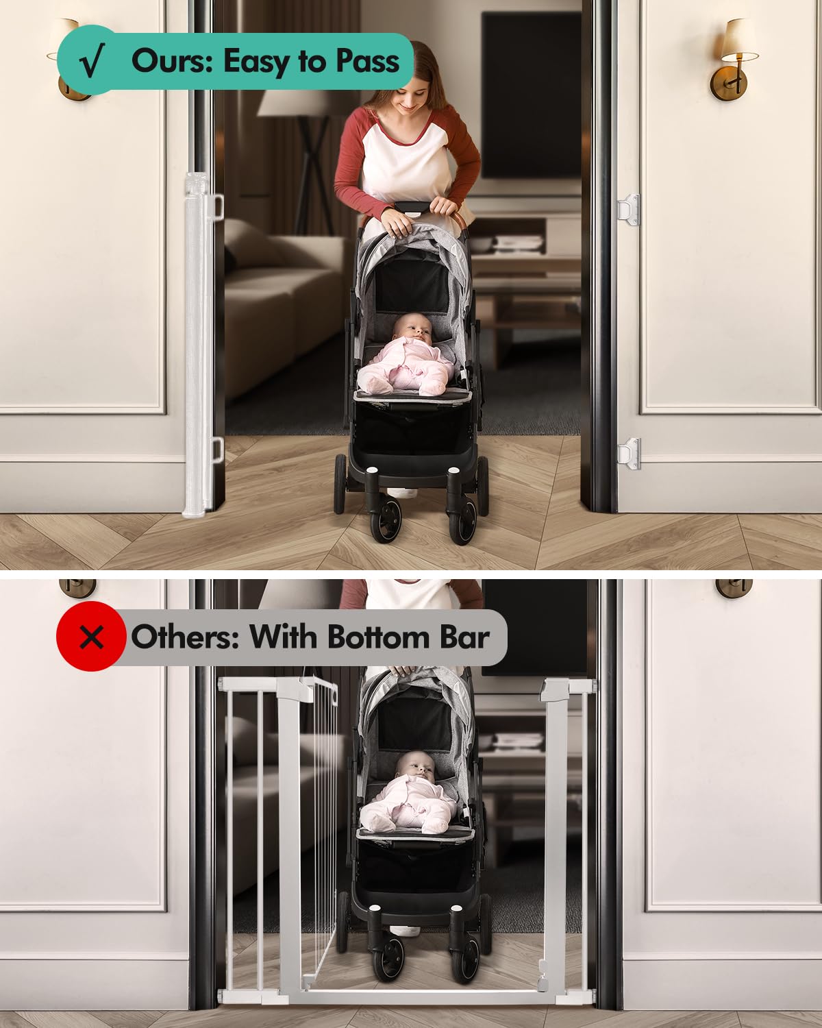 Retractable Baby Gates, Mesh Dog Gate for Doorways, 33.6" Tall, Expands to 55" Wide,Pet Safety Essential Fit for Baseboards, Wide Toddlers Gates for Hallways, Indoor & Outdoor,Gray