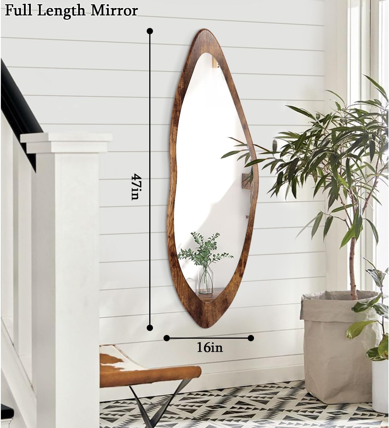 AAZZKANG Irregular Wall Mirror Full Length Black Wood Framed Large | 47"x20" Asymmetrical Full Body Mirrors for Bedroom Living Room Entryway