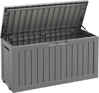 Fancyango 75 Gallon Outdoor Deck Box Waterproof, Large Storage Box for Patio, Resin Storage Bench Lockable for Garden Tools, Package Delivery, Black