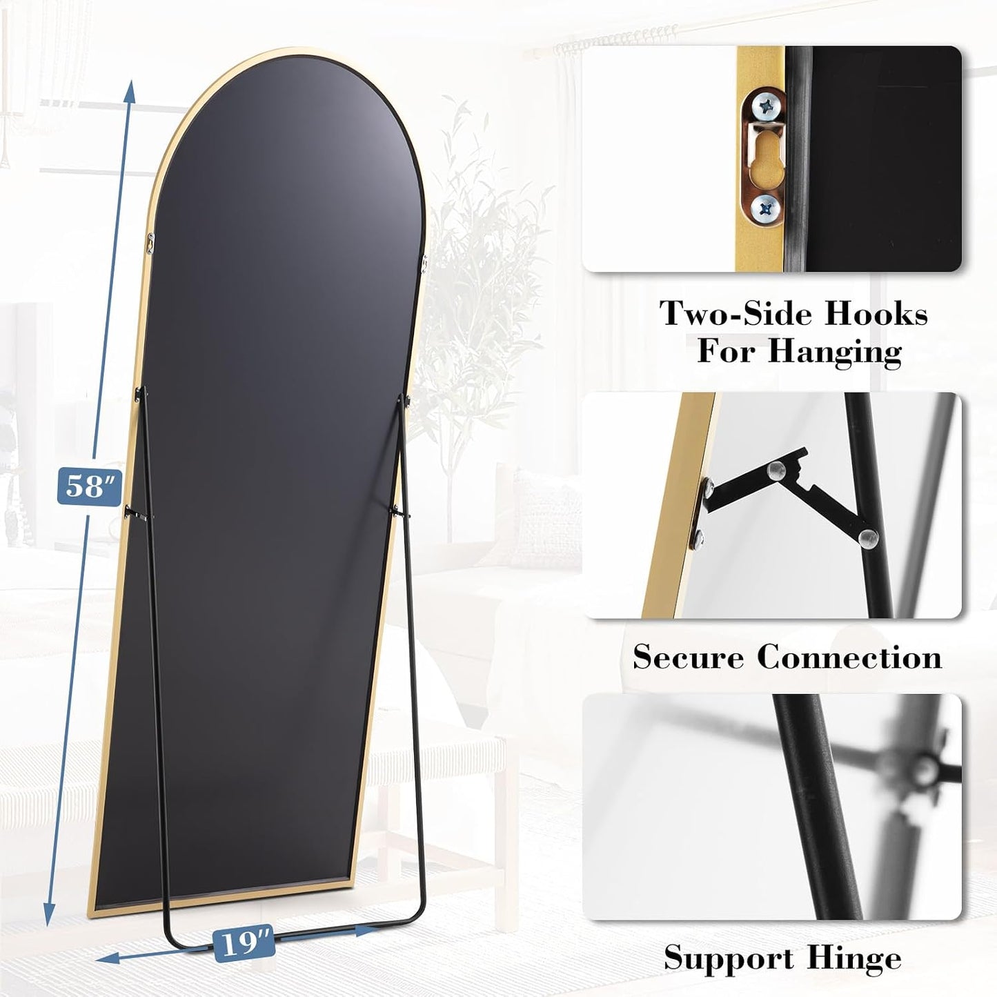 59"x16" Arched Full Length Mirror, Full Body Mirror with Leaning or Standing, Floor Standing Aluminum Frame for Bedroom, Livingroom, Cloakroom, Black