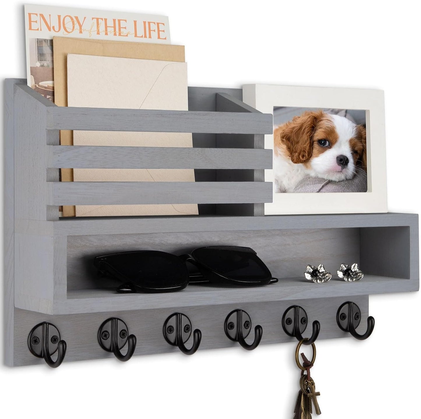 Key and Mail Holder Wall Mount, Key Hanger with Long Storage Box and 5 Hooks for Coat, Dog Leash, Home Decor Rack, House Accessories, Entry Way Organizer 11.8”W x 7.8”H x 3.2”D