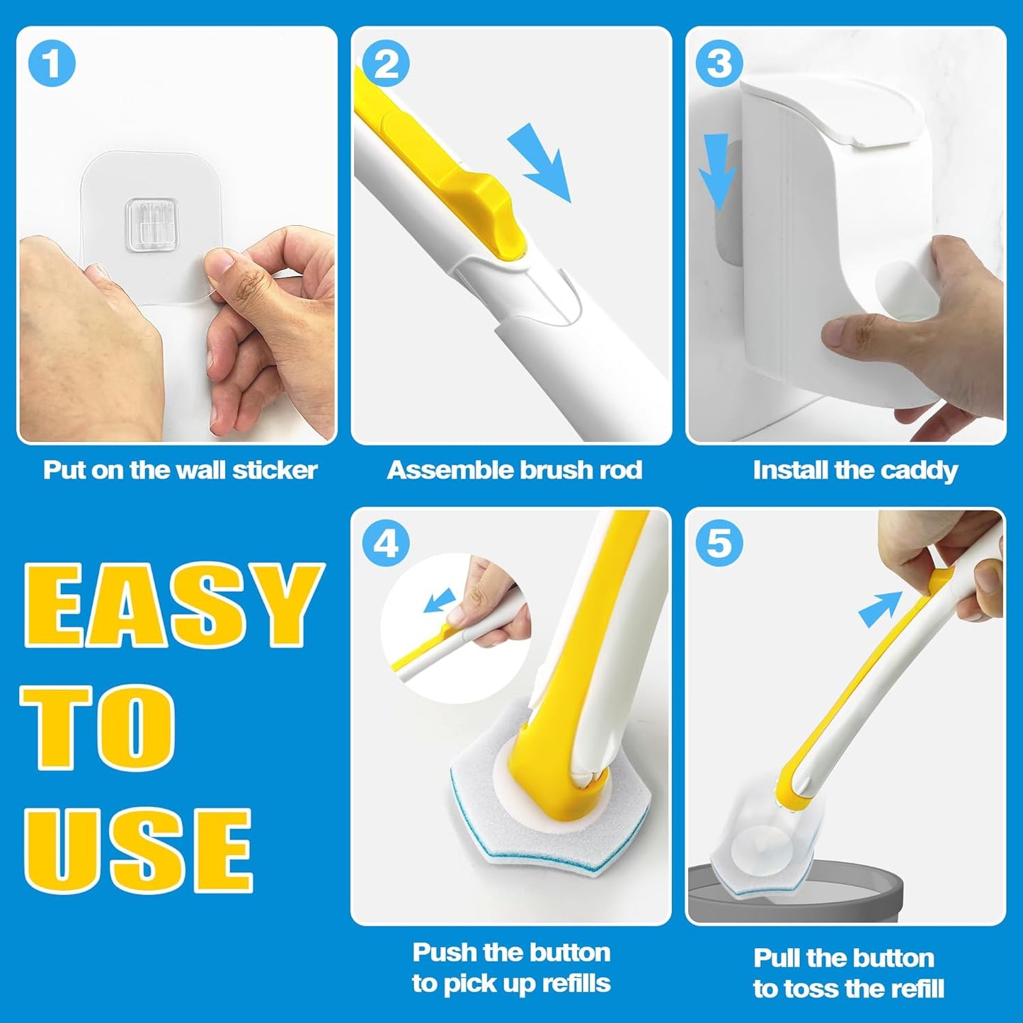 JEHONN Disposable Toilet Brush with 48 Wand Cleaner Refills, Wall Mounted Toilet Bowl Brush Holder Set, Bathroom Cleaning System for Sink Bathtub Wash Basin (Blue)