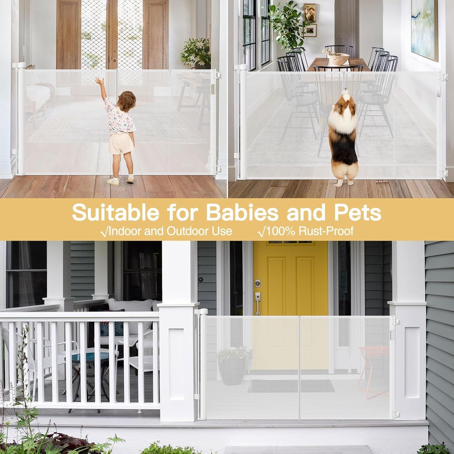 Newly Enhanced - 42" Tall × 120" Extra Wide Retractable Baby Gate Keeps Pets from Getting Under Tall Dog Gate, Indoor/Outdoor Baby Gates for Dogs, Retractable Dog Gate for Large Openings, White