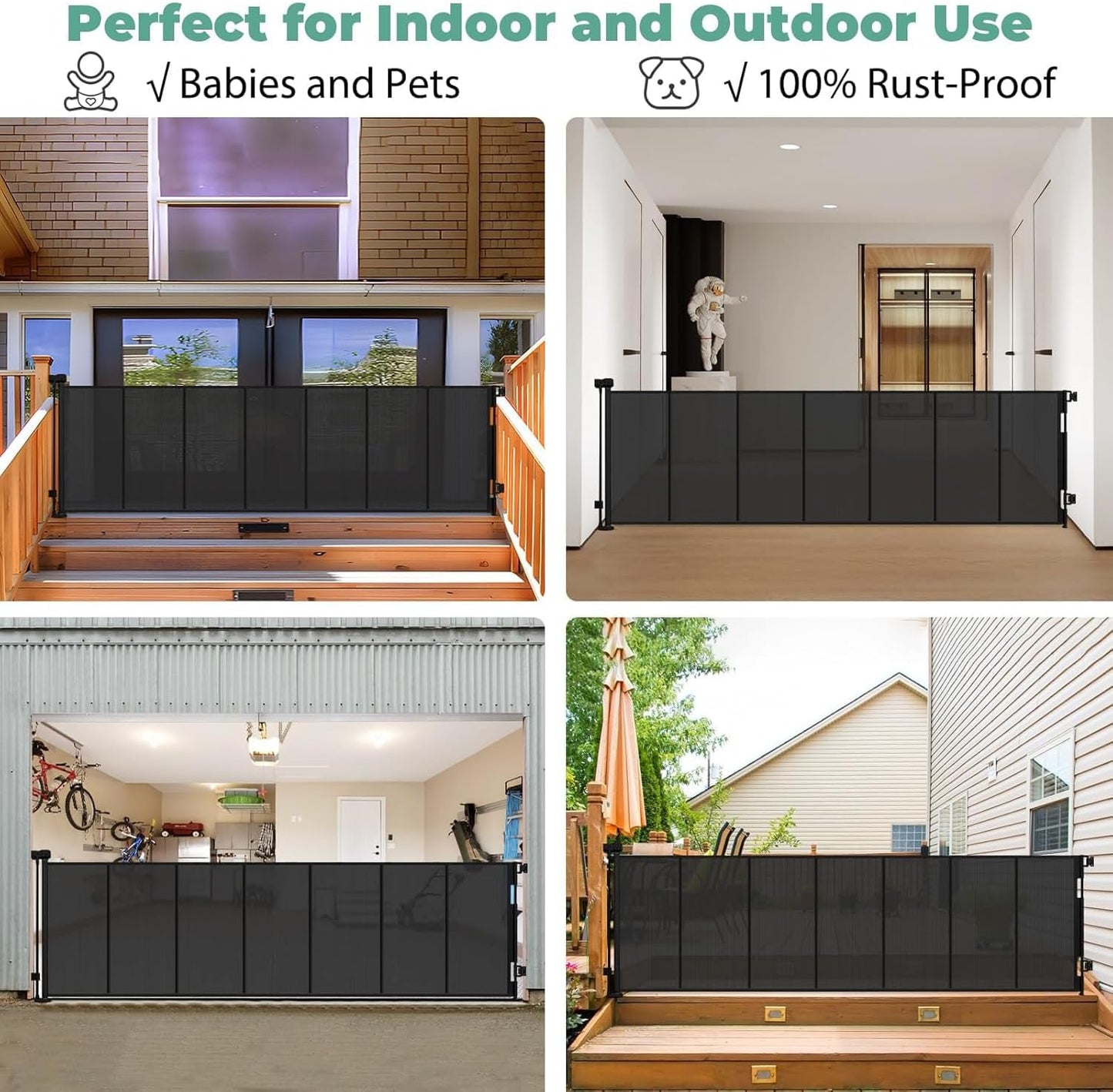 Reinforced 60" Wide Retractable Baby Gates with Upgraded Rods - Bottom Anti-Escape, 5 ft Mesh Baby Gate Retractable Dog Gate Indoor Pet Gate Retractable Stair Gate Outdoor Retractable Gate, Black