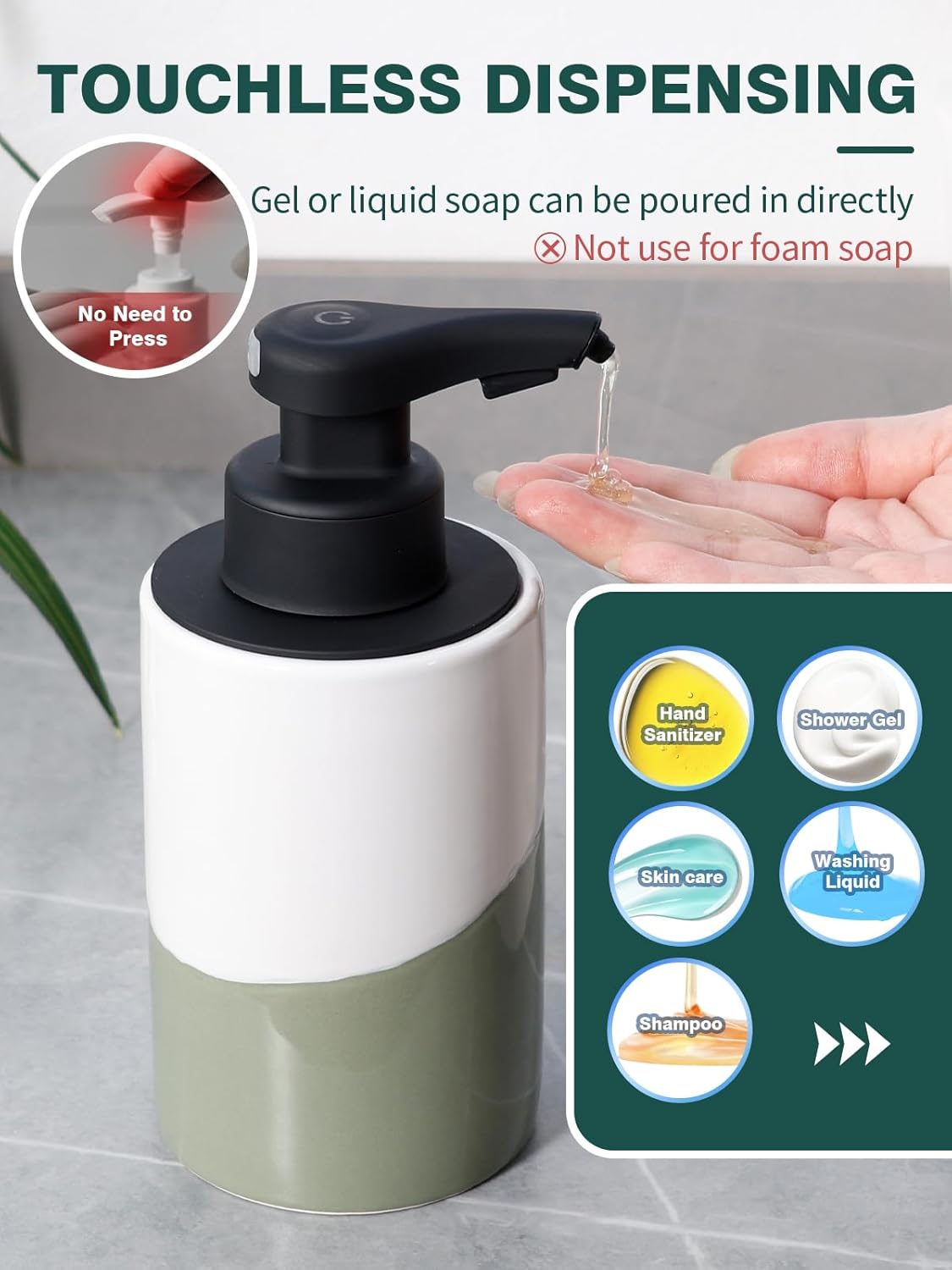 BosilunLife Automatic Soap Dispenser Ceramic Hand Free Soap Dispenser with Waterproof Pump Rechargeable Smart Electric Lotion Soap Dispenser Touchless (White-Green, Foam Pump)