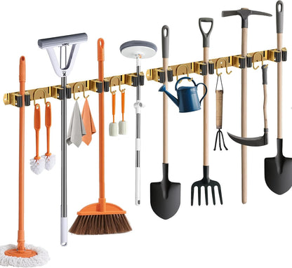 Broom Holder Wall Mount, Stainless Steel Mop Hanger with 4 Slots 6 Hooks, Tool Storage Wall Organizer for Kitchen Garden Garage Laundry Room Bathroom and RV, Black 1-Pack
