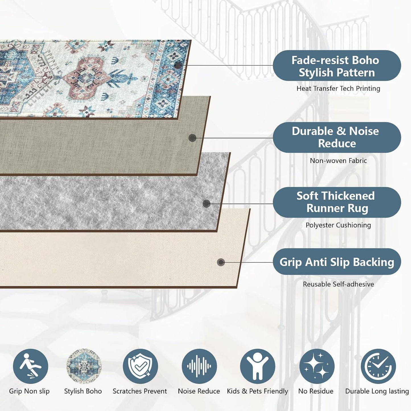 Stair Treads for Wooden Steps, Non Slip Stair Treads Carpet Indoor Residue Free Peel and Stick Washable Stair Covers, Safe for Dogs Kids Elders, Moroccan Beige, 8x30 inch, 1 Pack