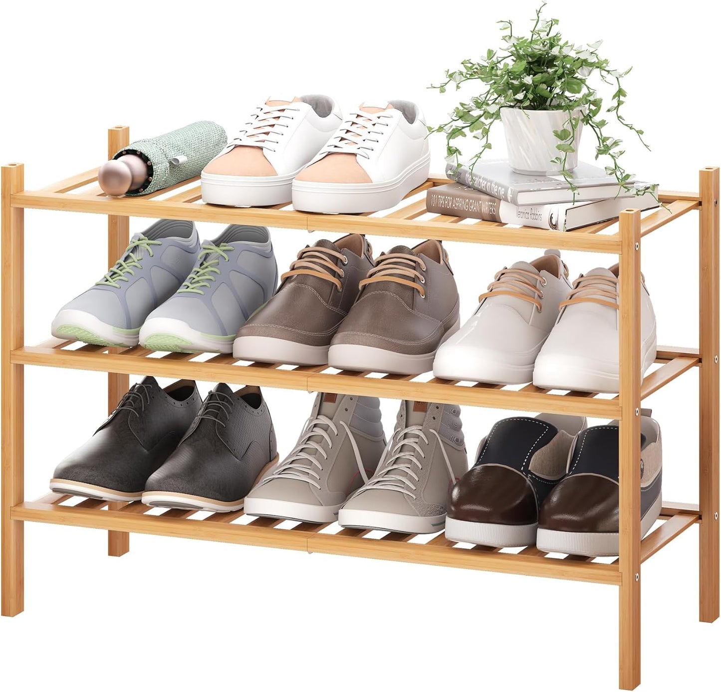 BMOSU 2-Tier Bamboo Small Shoe Rack Premium Stackable Shoe Shelf Storage Organizer for Hallway Closet Living Room Entryway Organizer (Black Bamboo)