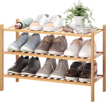 BMOSU 2-Tier Bamboo Small Shoe Rack Premium Stackable Shoe Shelf Storage Organizer for Hallway Closet Living Room Entryway Organizer (Black Bamboo)