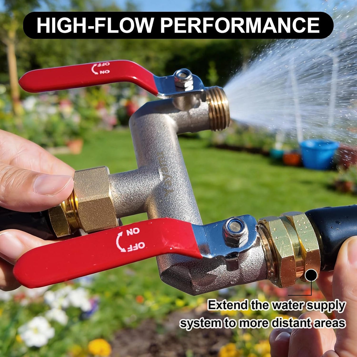Garden Hose Splitter, 3/4” Rust and Freeze Resistant Outdoor Hose Manifold with 2 green Extra Long Handles Faucet Adapter-Heavy Duty Brass Nickel Plated 2-Way Valve