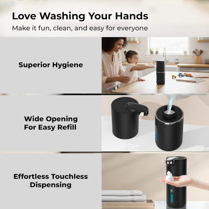 Automatic Touchless Foam Soap Dispenser - USB-C Rechargeable Foaming Soap Pump, IPX5 Waterproof for Bathroom & Kitchen, 12.8oz, Wall Mount or Countertop (Black)
