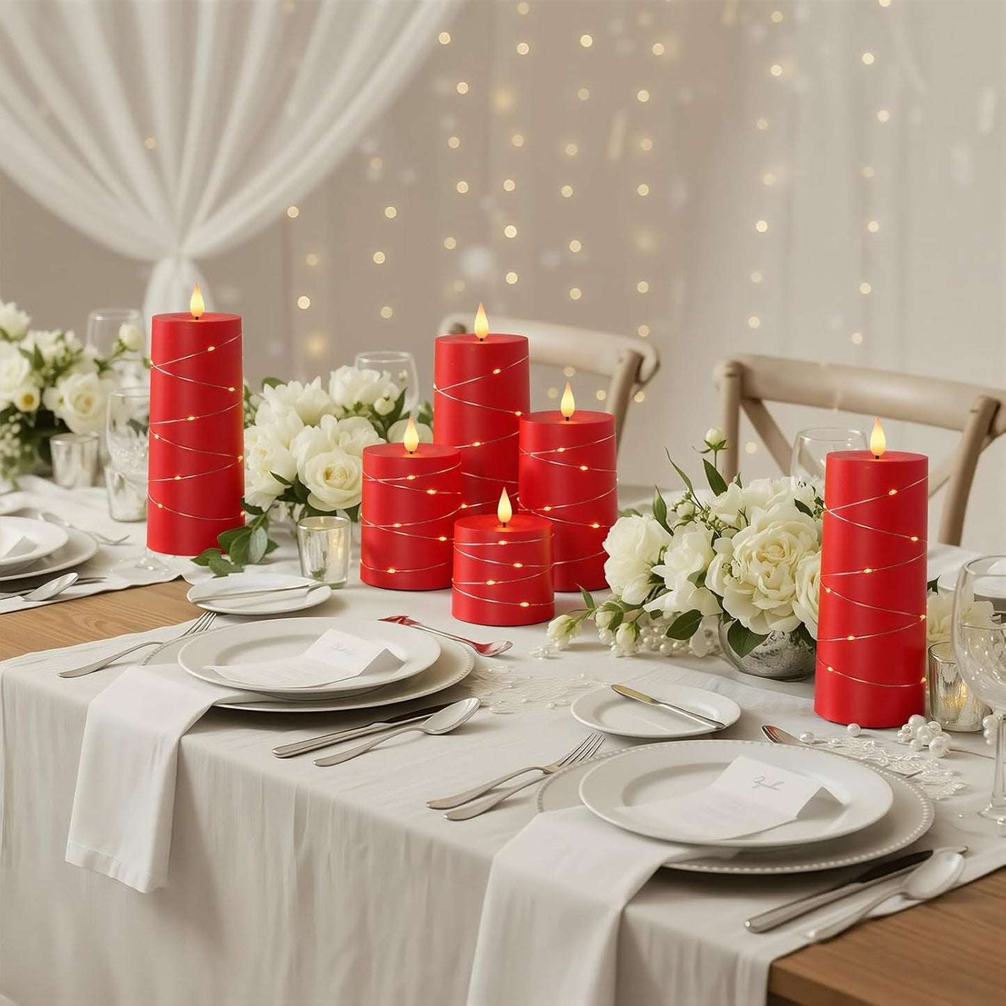 Raycare Flameless Candles with Remote Timer, Flickering Battery Operated LED Pillar Fake Candle with String Lights for Home Decor, Christmas, Wedding and Gift, White, Set of 3