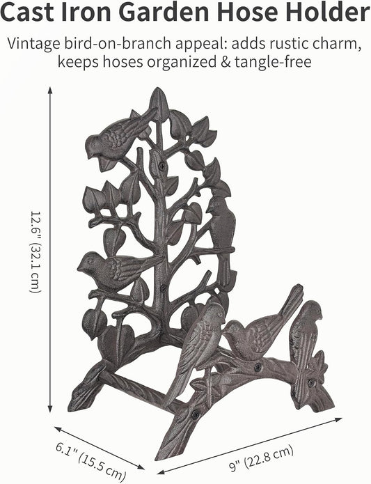 Cast Iron Garden Hose Holder Wall Mount, Rustic Heavy Duty Water Hose Hanger Storage Rack, Decorative Vintage Hose Reel Organizer for Outside Garden Yard Patio, Birds on Branch Design