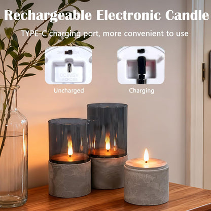 LEDHOLYT Rechargeable Flameless Glass Pillar Candles–Gifts for Women,–Set of 3, Realistic Flickering LED Light,Remote & Timer, Ideal for Living Room, Bedroom & Festival Wedding Home Party Decor
