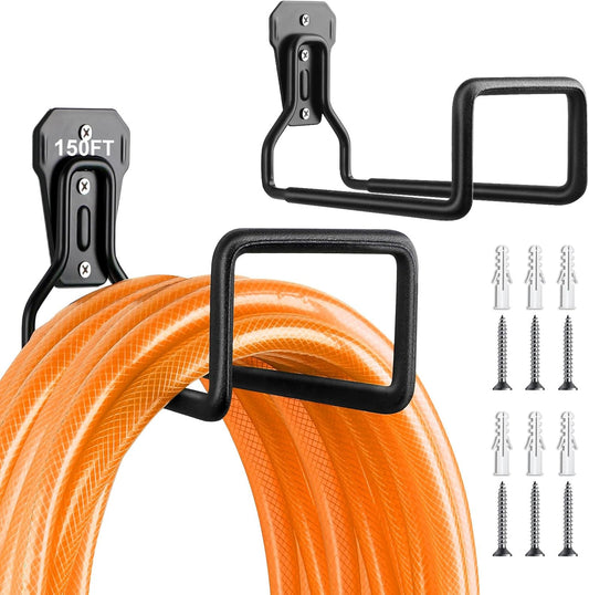 Hose Holder Stand Wall Mount, 2Pcs Heavy Duty Garden Hose Hanger Reel, Metal Water Pipe Tube Hooks Rack for Outside Yard, Garage, Storage Organizer - Black