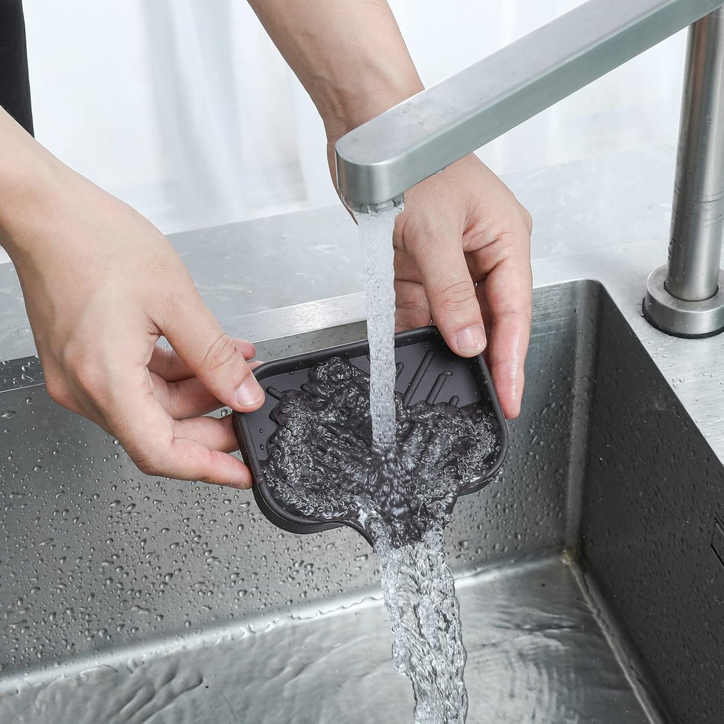 MicoYang Silicone Bathroom Soap Dishes with Drain Spout-Bathroom and Kitchen Sink Organizer,Sponge Holder,Dish Soap Tray,Perfect for Dispenser,Scrubber,Bottle,Cup on Sink or Counter-Coffee 4.9"×3.2"