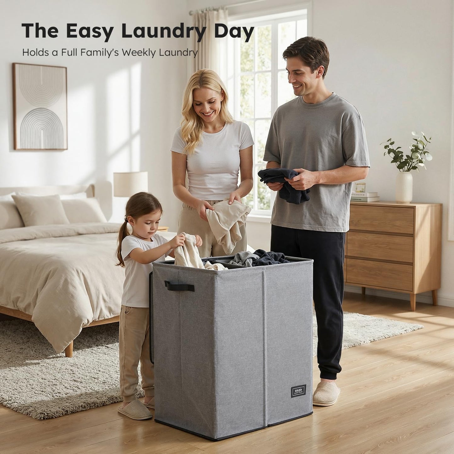 SOLEDI Luxury Double Laundry Hamper with Lid and Removable Bags, 38.3 Gal Large Laundry Bin, Laundry Basket 2 Sections, Collapsible Clothes Hamper for Bedroom, Laundry Room, Bathroom, Off-white