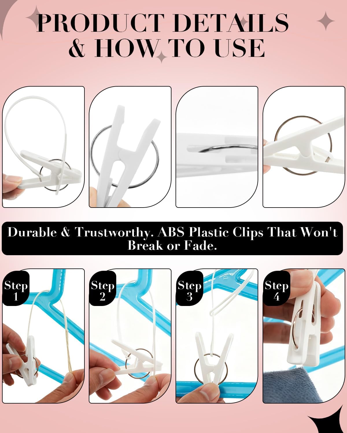 100 Pack Multi Purpose Laundry Hanging Clips with Rope, White - Strong Grip Hanging Clips for Baby Hangers, Pants, Socks, Towels & Closet Organization, Multi-Purpose Laundry Drying Hooks