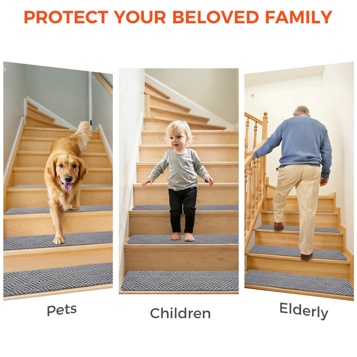 BAGAIL 15 Pack Non-Slip Stair Treads for Wooden Steps, 8"x30" Peel and Stick Carpet Stair Runners, Machine Washable Indoor Step Covers with No-Residue Adhesive for Dogs, Kids & Elderly - Bluish Grey