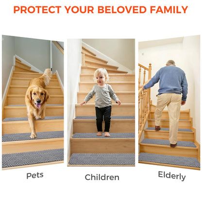 BAGAIL 15 Pack Non-Slip Stair Treads for Wooden Steps, 8"x30" Peel and Stick Carpet Stair Runners, Machine Washable Indoor Step Covers with No-Residue Adhesive for Dogs, Kids & Elderly - Bluish Grey