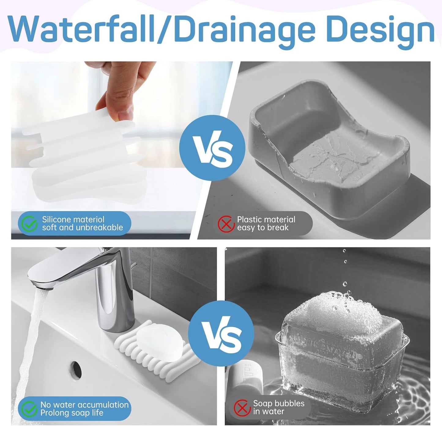 3 Pack Self Draining Silicone Soap Holder, Non-Slip Soap Dish for Bathroom, Shower & Sink, Keeps Soap Bars Dry, Easy to Clean, Clear