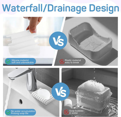 3 Pack Self Draining Silicone Soap Holder, Non-Slip Soap Dish for Bathroom, Shower & Sink, Keeps Soap Bars Dry, Easy to Clean, Clear