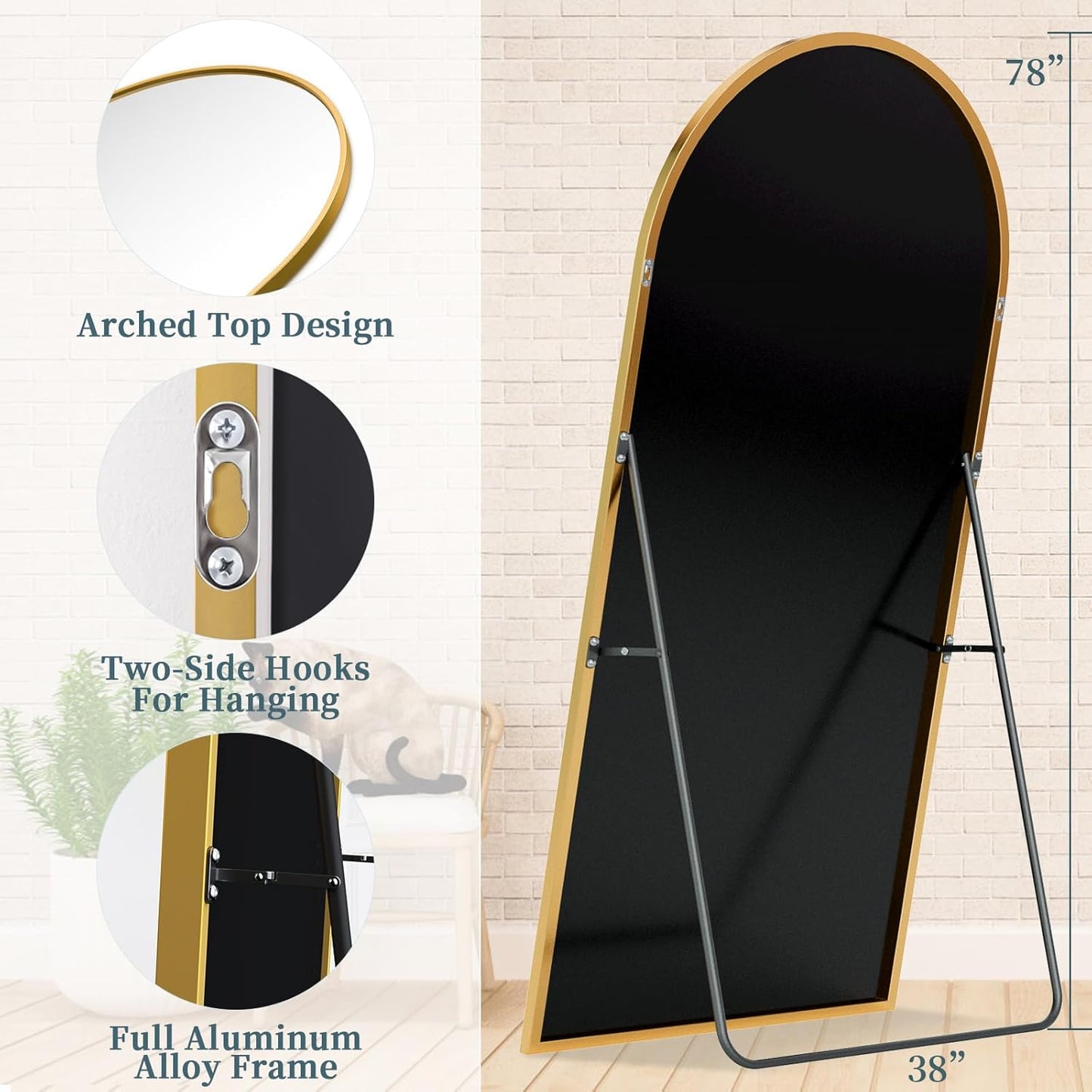 Full Length Mirror with Stand, 71"x28" Arched Full Body Large Stand Up Aluminum Frame Floor Standing Mirror, Freestanding Hanging Leaning Mounted for Bedroom Living Room Entryway Gold