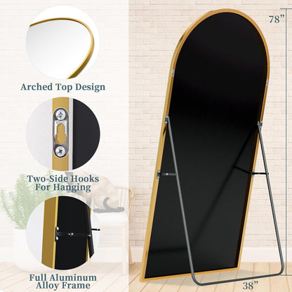 Full Length Mirror with Stand, 71"x28" Arched Full Body Large Stand Up Aluminum Frame Floor Standing Mirror, Freestanding Hanging Leaning Mounted for Bedroom Living Room Entryway Gold