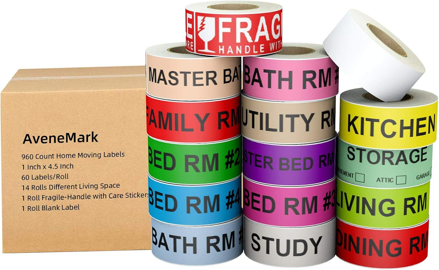 AveneMark 960 Count Home Moving Color-Coded Labels - 16 Rolls House Fragile Stickers, 4 Bedroom Blank Packing Labels for Box Supplies, 60 Labels per Roll, 1" x 4.5"