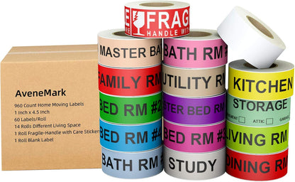 AveneMark 960 Count Home Moving Color-Coded Labels - 16 Rolls House Fragile Stickers, 4 Bedroom Blank Packing Labels for Box Supplies, 60 Labels per Roll, 1" x 4.5"
