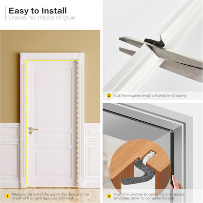 Weather Stripping Door Seal Strip - Soundproof Q-Shaped Foam for Exterior Door Frame, Large Gap Seal, Noise Cancelling, Easy to Install (Black, 26FT)