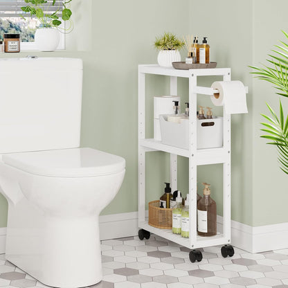 RRX Toilet Paper Holder with 3 Tier,16.14''Dx7.08''Wx28.35''H (Beige) | Small Bathroom Rolling Bamboo Mobile Storage Corner Shelf Cabinet for Narrow Spaces, Freestanding Slim Kitchen Organizer