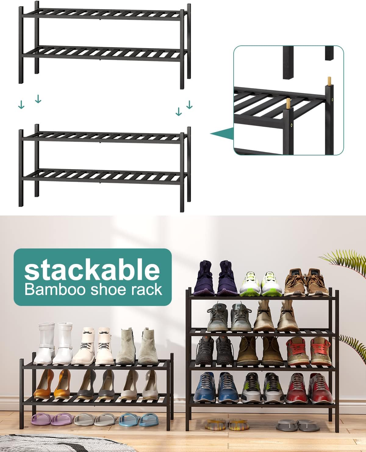 viewcare 3-Tier Black Bamboo Shoe Rack for Entryway, Stackable | Foldable | Natural, Shoe Shelf Storage Organizer for Hallway Closet, Free Standing Shoe Racks for Indoor Outdoor