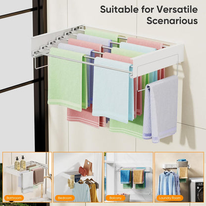 Wall Mounted Clothes Drying Rack, Laundry Drying Rack Clothing Wall Mount, Laundry Hanger Foldable with 2 Towel Handles and Wall Template for Hanging Clothes, Space Saving, 6 Rods, 40 Inch, White