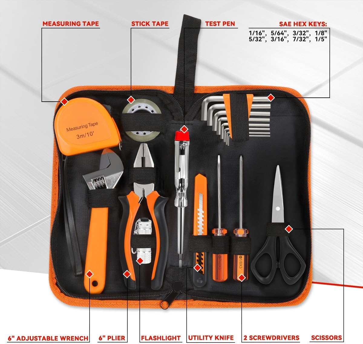 Auto Dynasty Tool Kit for Home 16-Pieces, Basic Household Hand Tool Sets with Hex Key Screwdriver and Adjustable Wrench, All in One Storage Bag for Garage, Home Maintenance, Auto Repair (Orange)